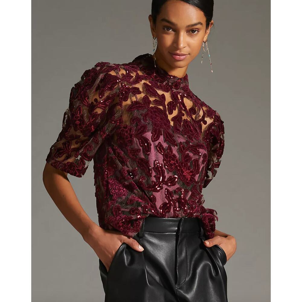 Anthropologie Burgundy Lace Blouse